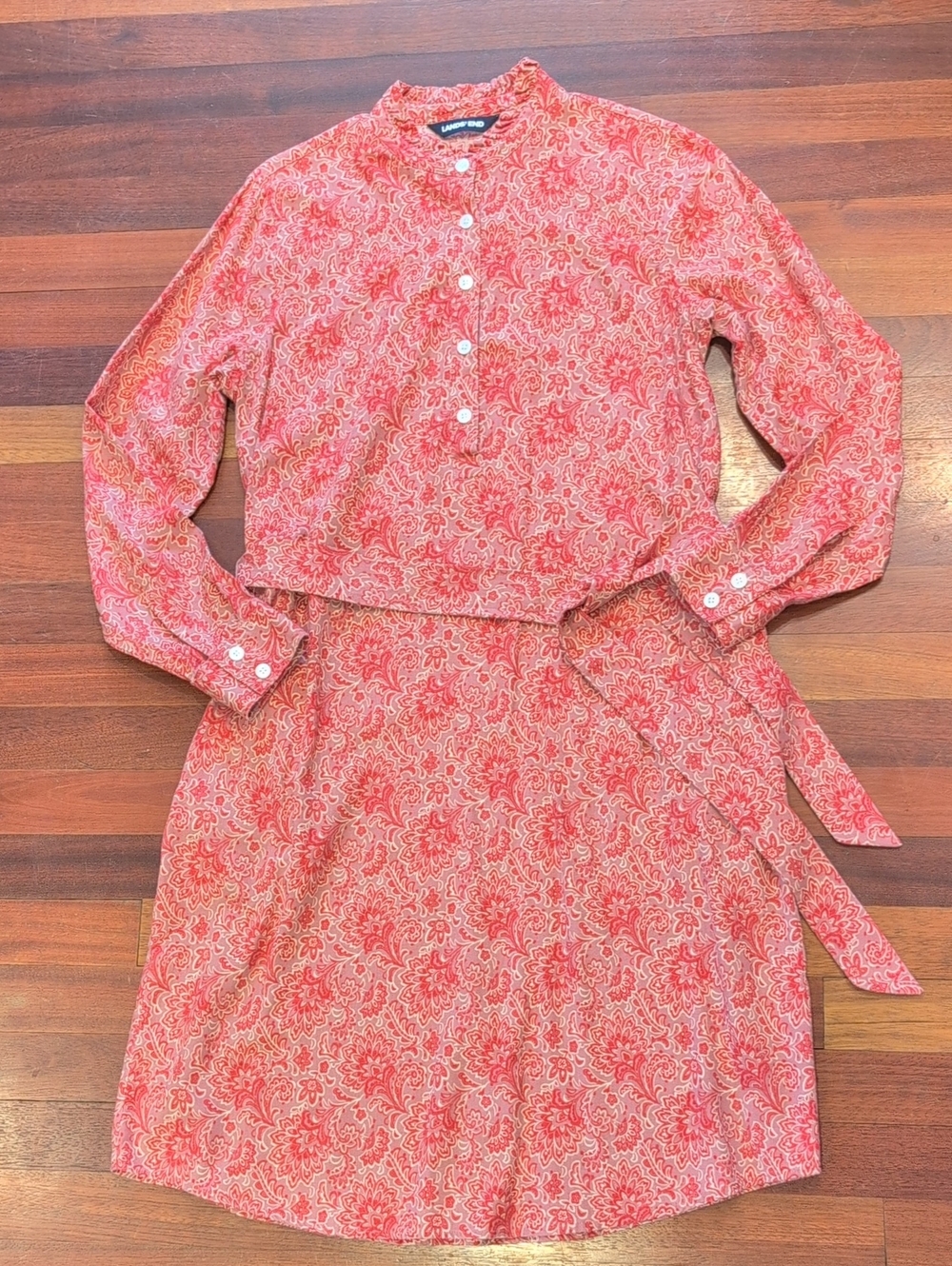 Lands' End Red Pink Paisley Long-Sleeve Button Dress with Tie Waist Modest
